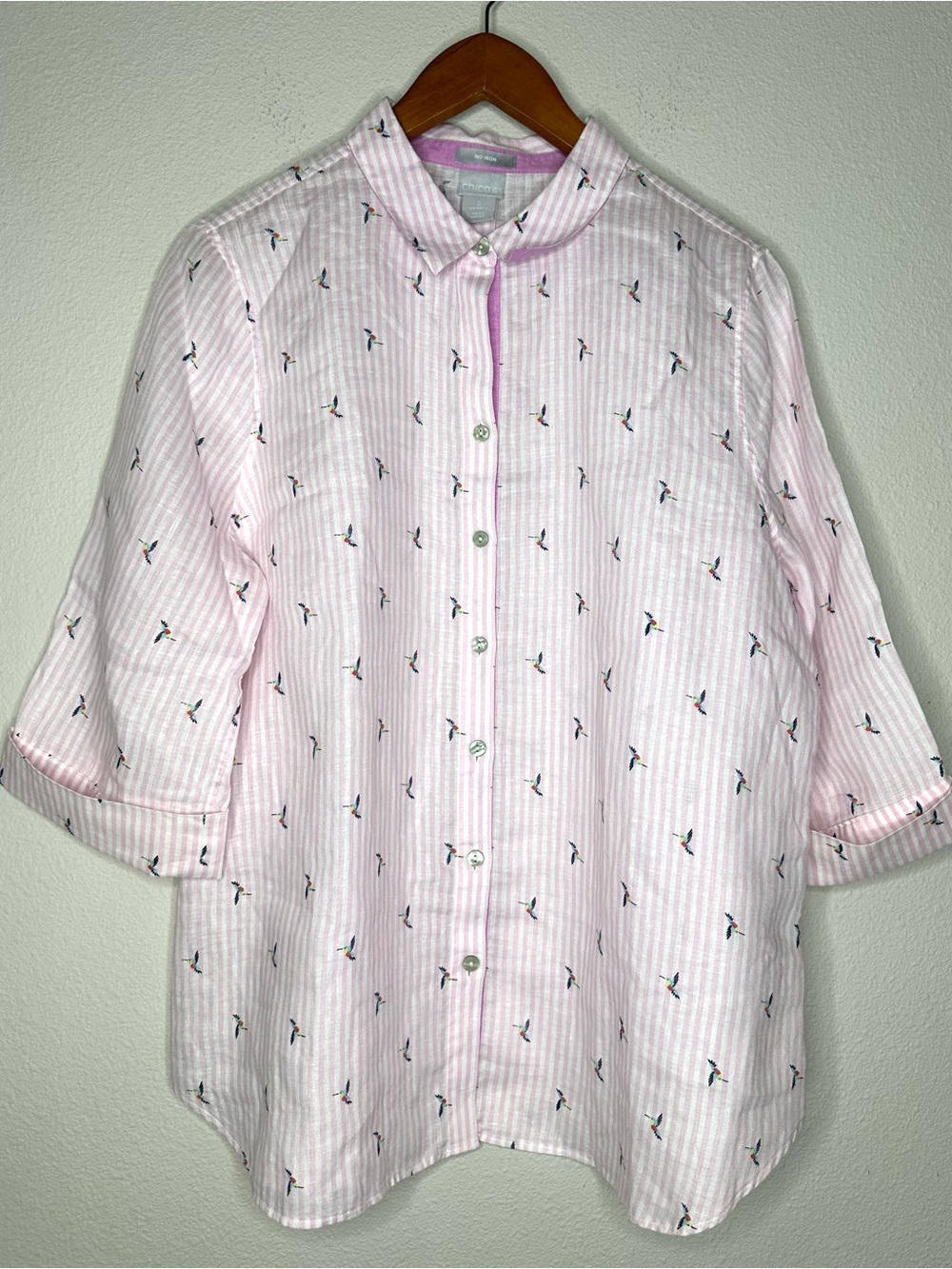 Chico’s No Iron 100% Linen Pink Stripe Birds Button Front Shirt 3/4 Sleeve Sz L - Picture 3 of 8